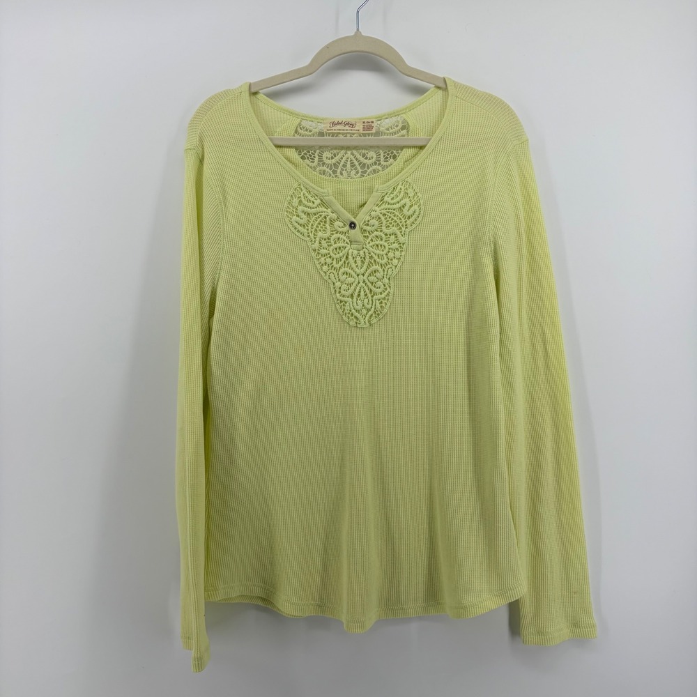 Faded‎ Glory Womens Long Sleeve Henley Top Lace Yoke Thermal Yellow Green XL